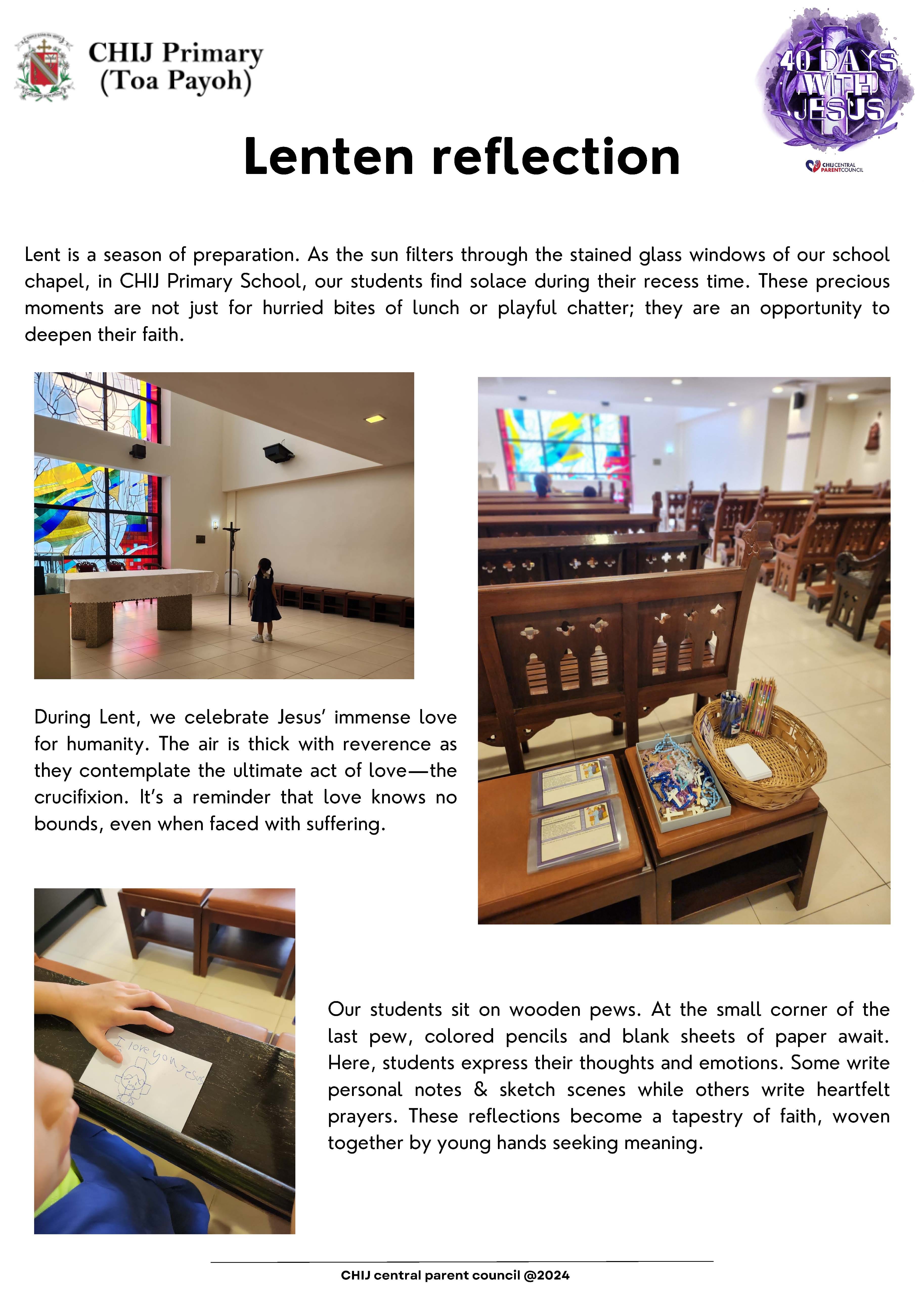 A newsletter from CHIJ Primary Toa Payoh titled Lenten Reflection, with chapel photos and a child drawing.