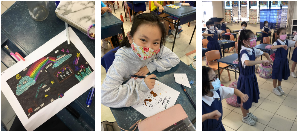 Three classroom scenes: colorful chalk art, a masked girl drawing, and young students in navy uniforms doing an activity.