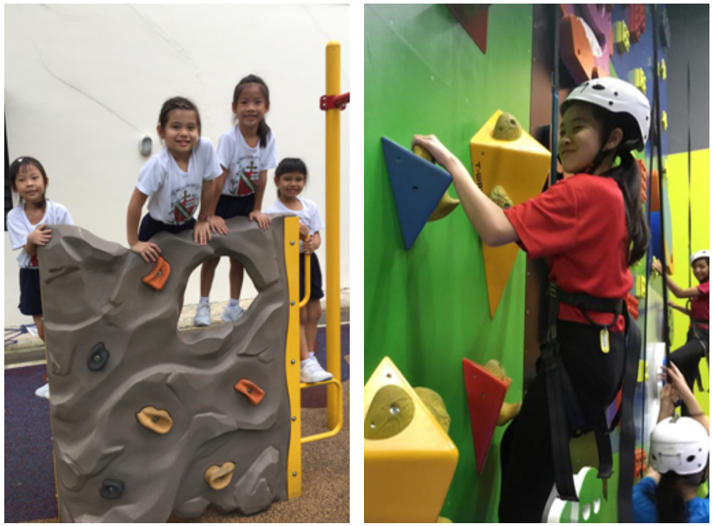 Two photos: young children on a playground rock climber, and a girl in a helmet climbing a colorful indoor wall.
