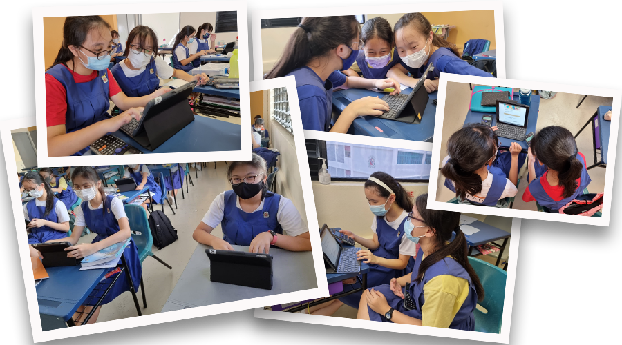 Five photos of masked female students in blue uniforms using tablets and laptops together in a classroom.