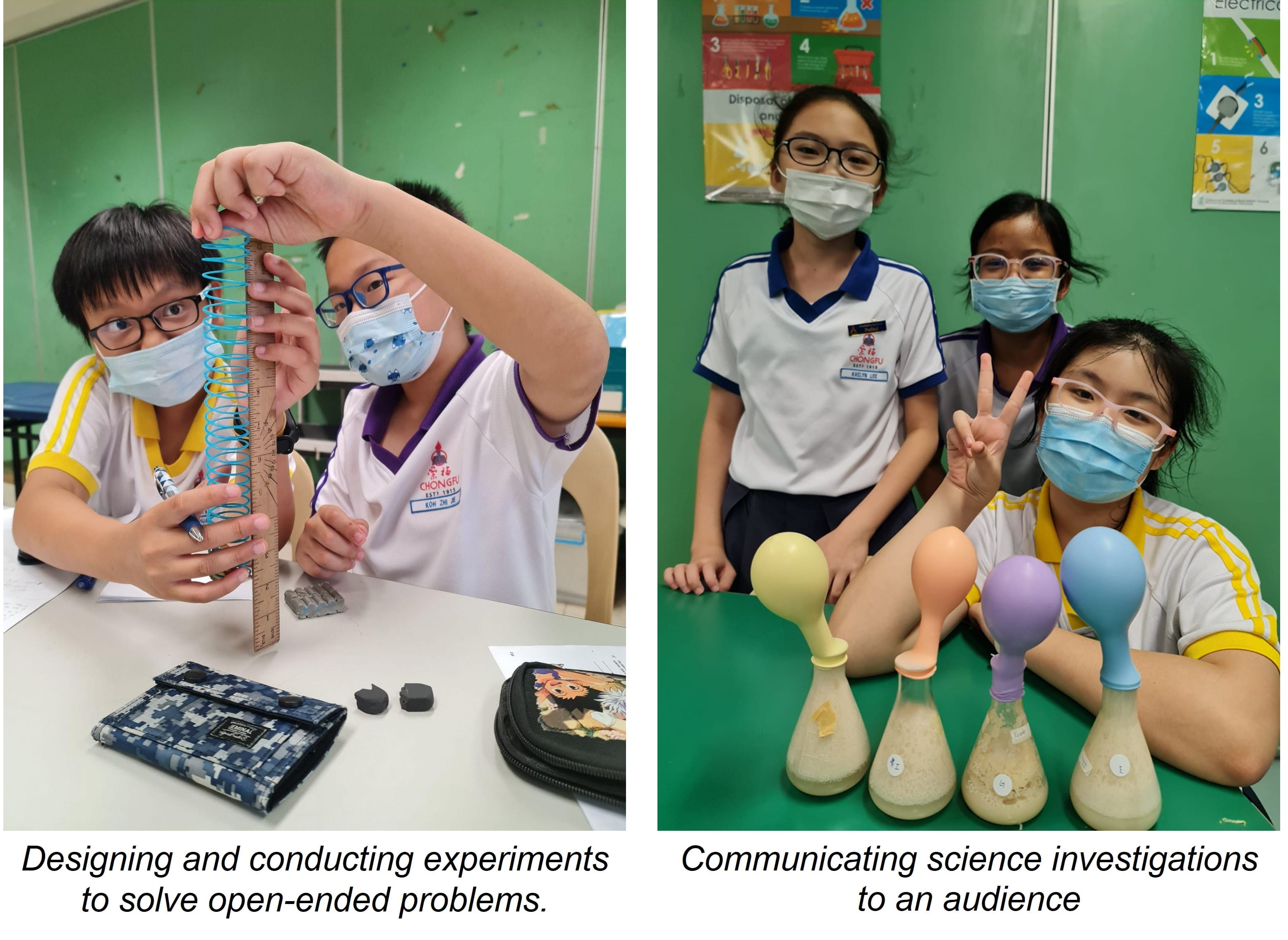 Students in masks conduct science experiments: two measure a spring with a ruler, three pose with balloon-topped flasks.