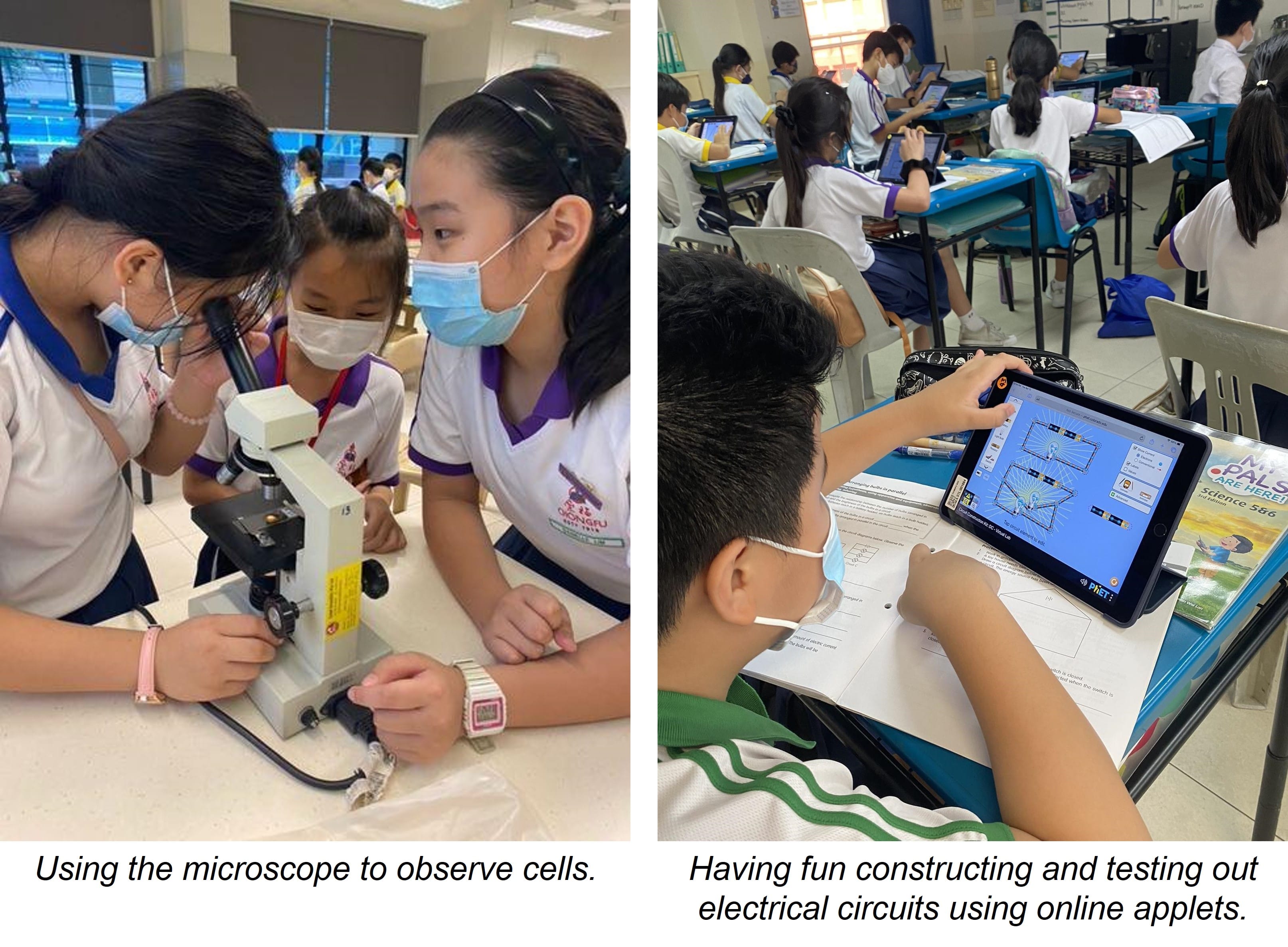 Students in masks use a microscope; another student uses a tablet showing an electrical circuit simulation in class.