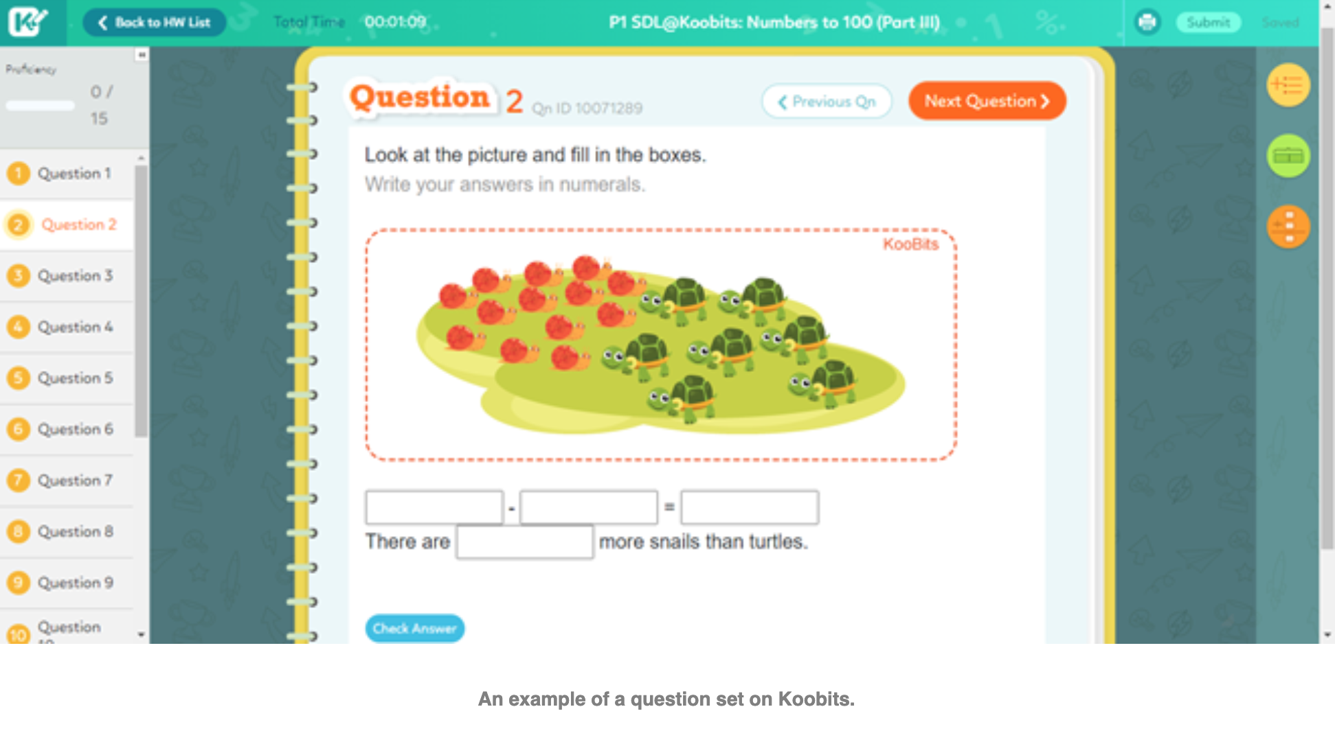 Koobits math platform showing Question 2 with cartoon snails and turtles, asking students to count and fill in boxes.