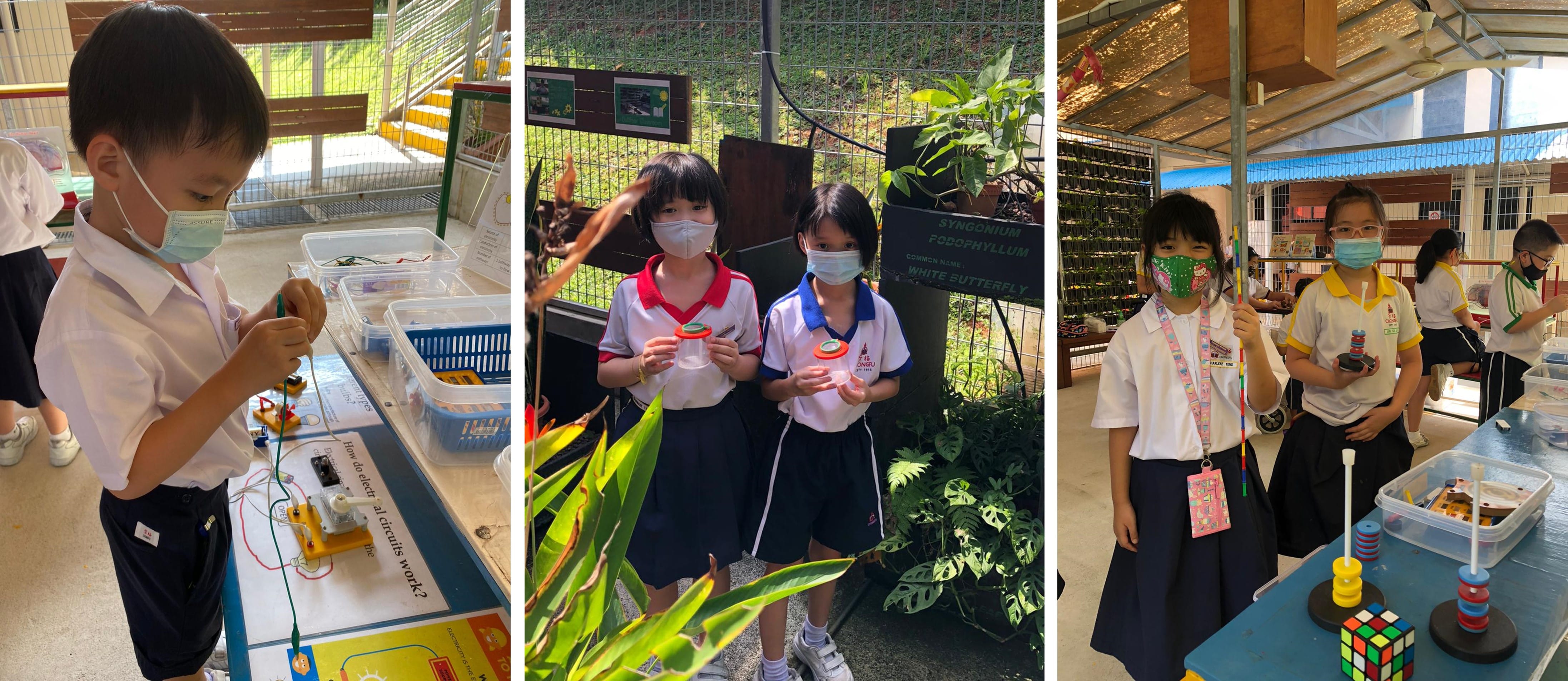Three photos of masked school children doing science activities: circuits, plant observation, and magnetic toys.