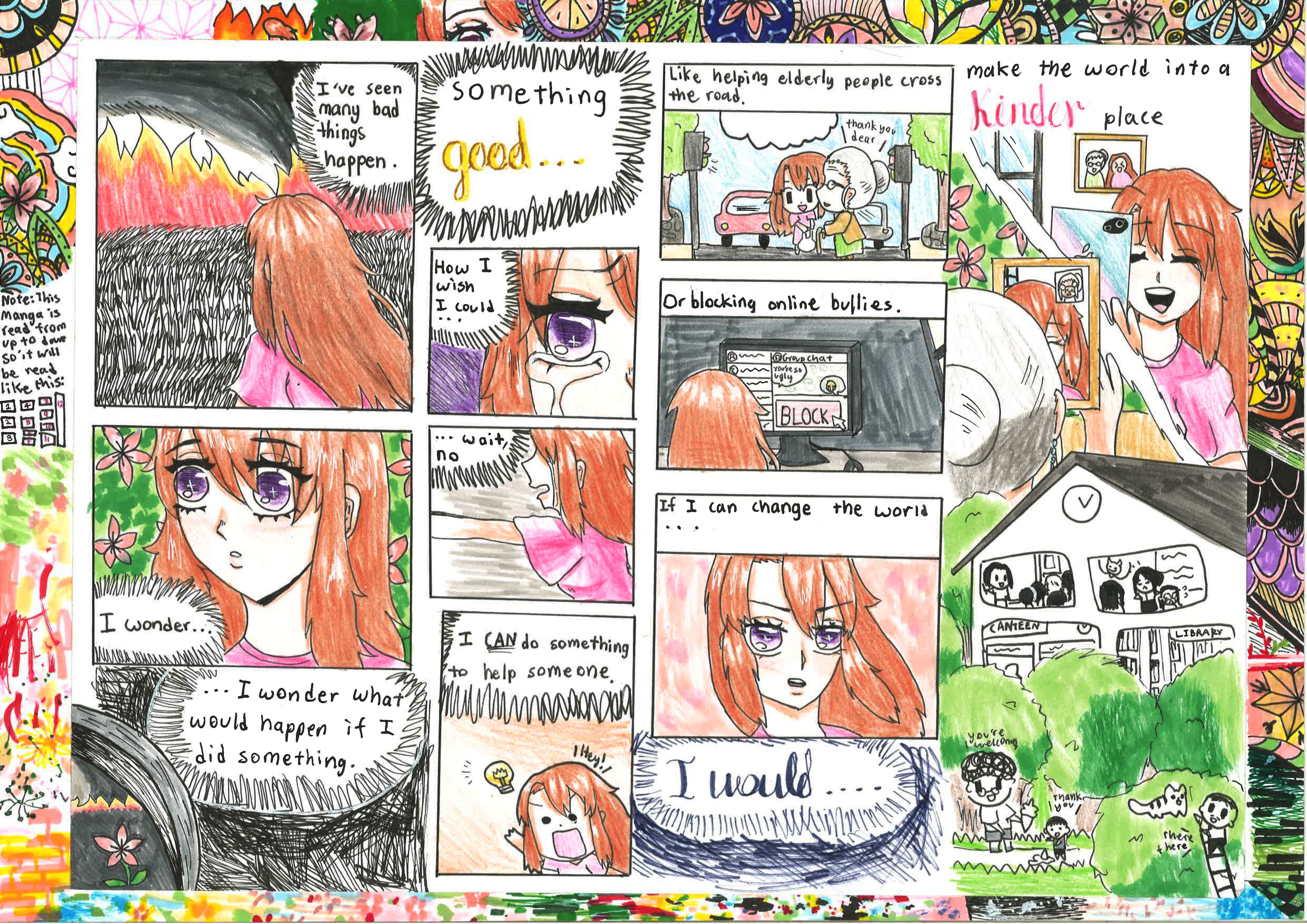 Hand-drawn manga comic about a red-haired girl pondering how small acts of kindness can make the world a kinder place.