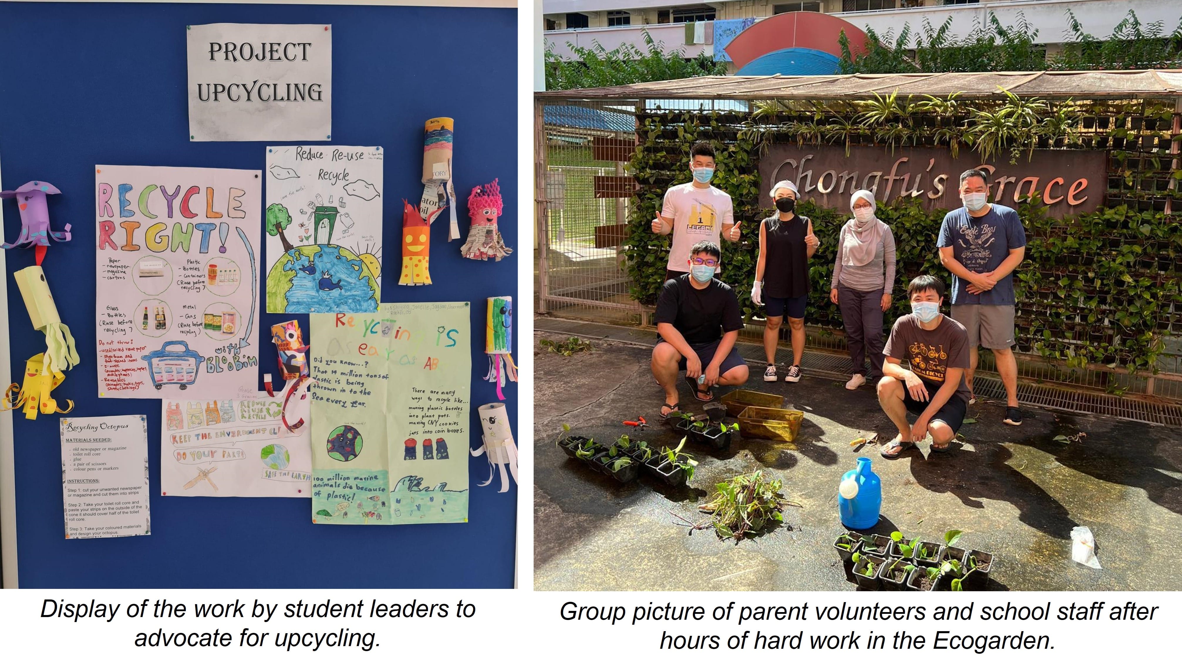 Recycling project display on left; five masked volunteers posing with plants at Chongfu's Grace garden on right.