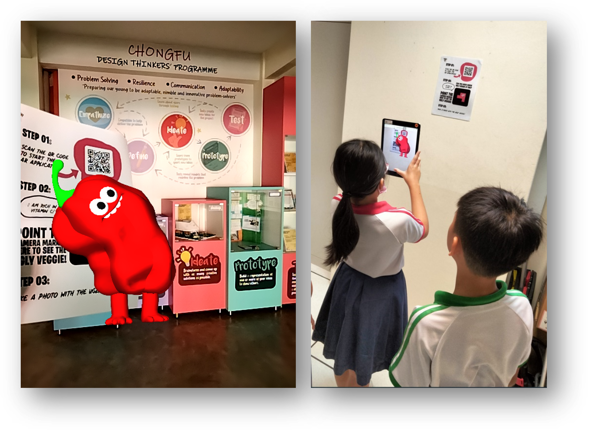 Two children use a tablet for an AR activity at the Chongfu Design Thinkers Programme exhibit with a red cartoon character.