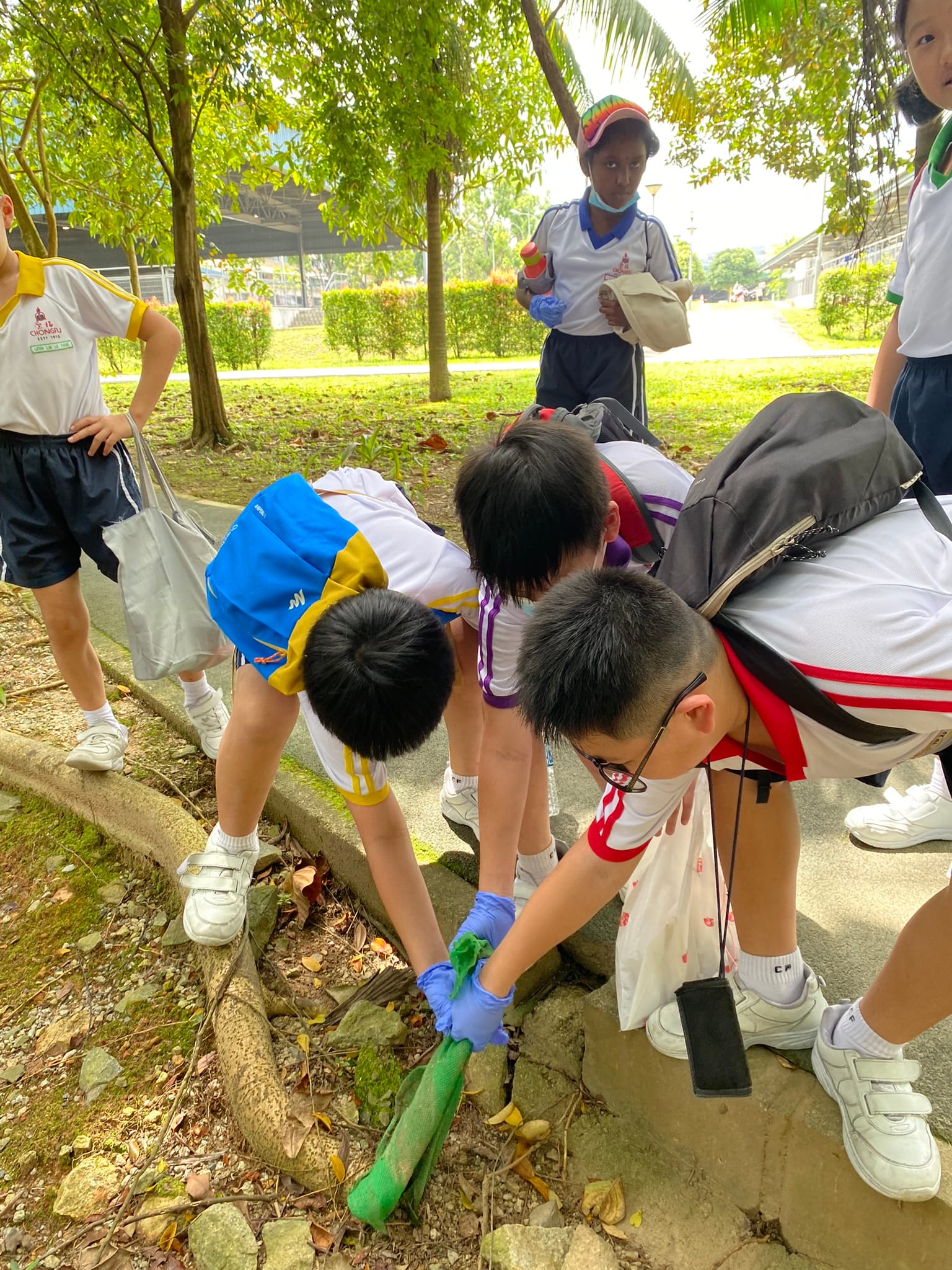 Several children in school uniforms bend down to examine tree roots on a park path, one wearing blue gloves.