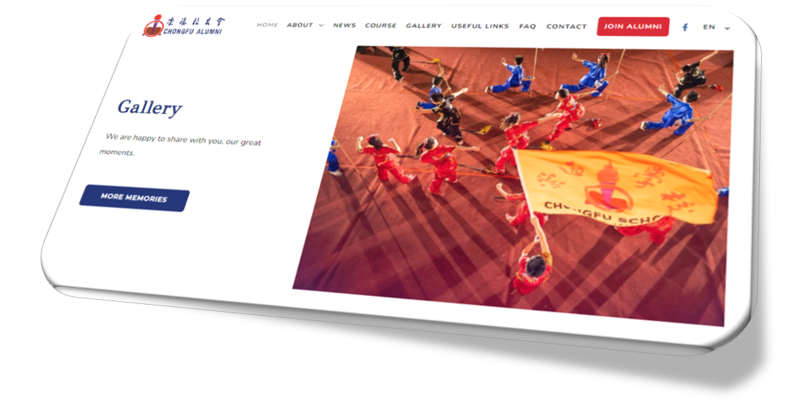 Chongfu Alumni website displayed on a tablet showing a Gallery page with martial arts performers in red and blue.