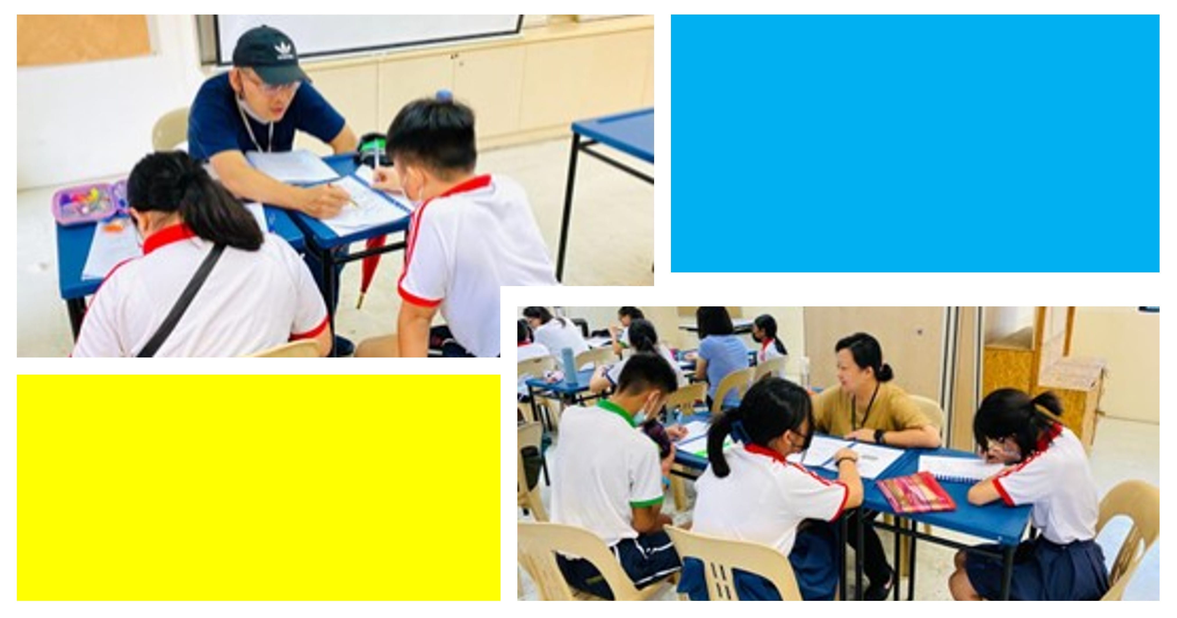 Two classroom photos show adults guiding uniformed students working on papers at blue tables.