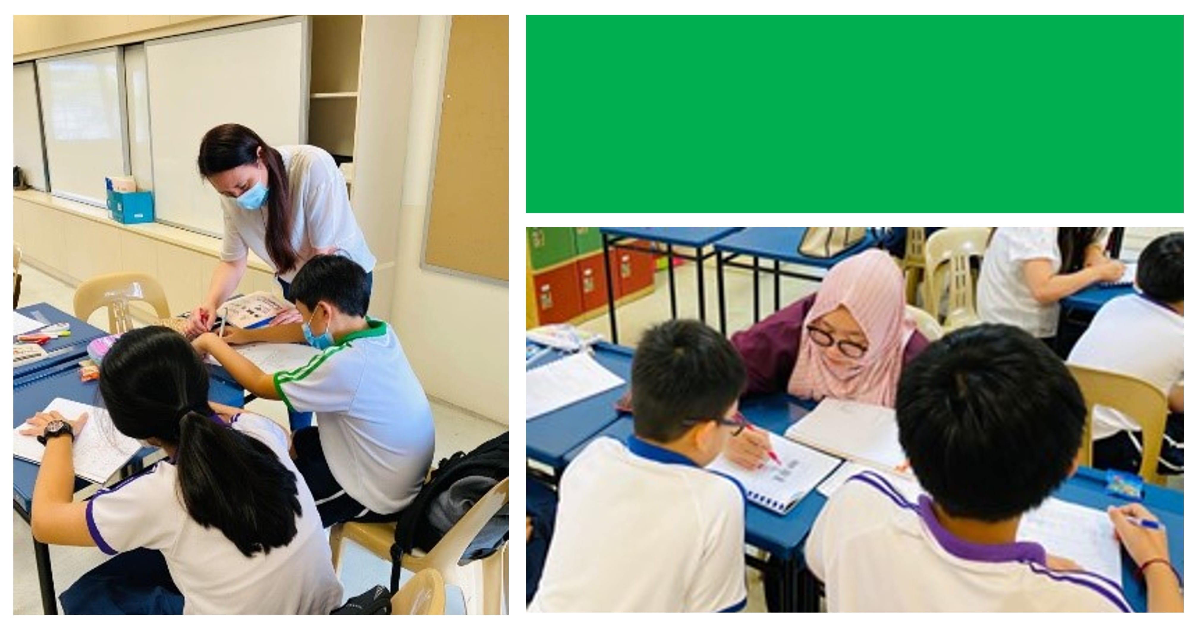 Two classroom scenes showing teachers helping students in school uniforms write at blue desks.