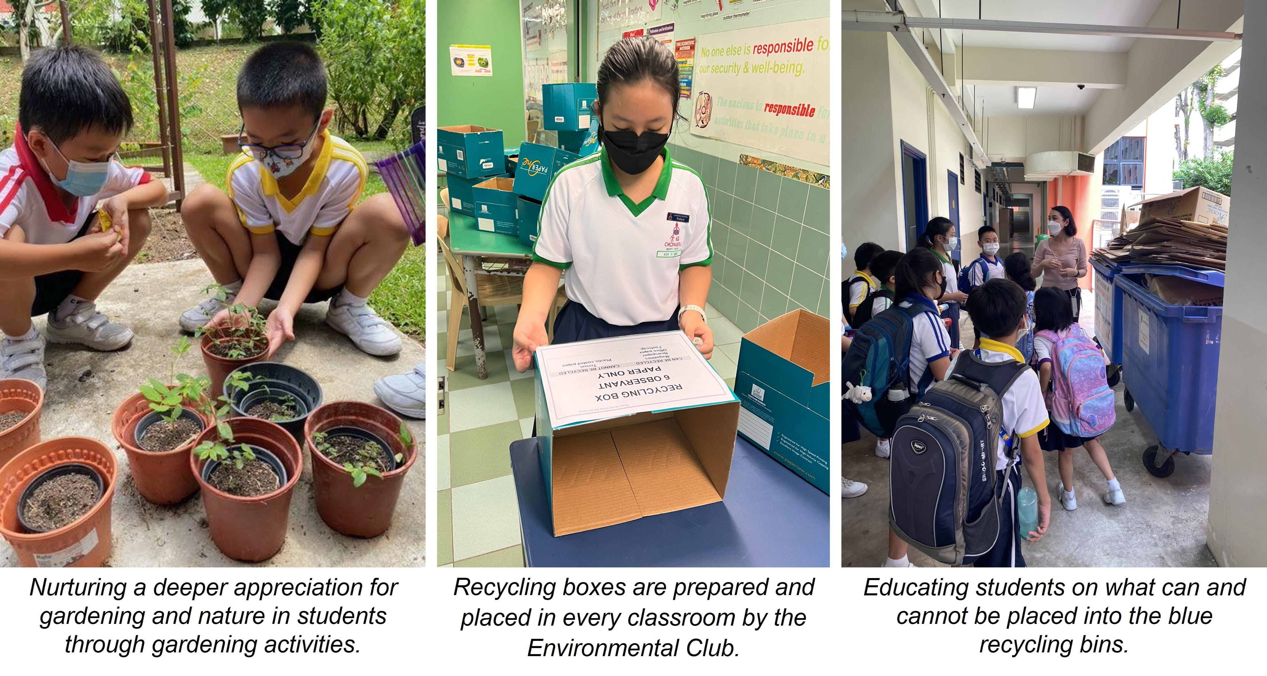 Three school scenes: students gardening with potted plants, a student holding a recycling box, and children near blue recycling bins.