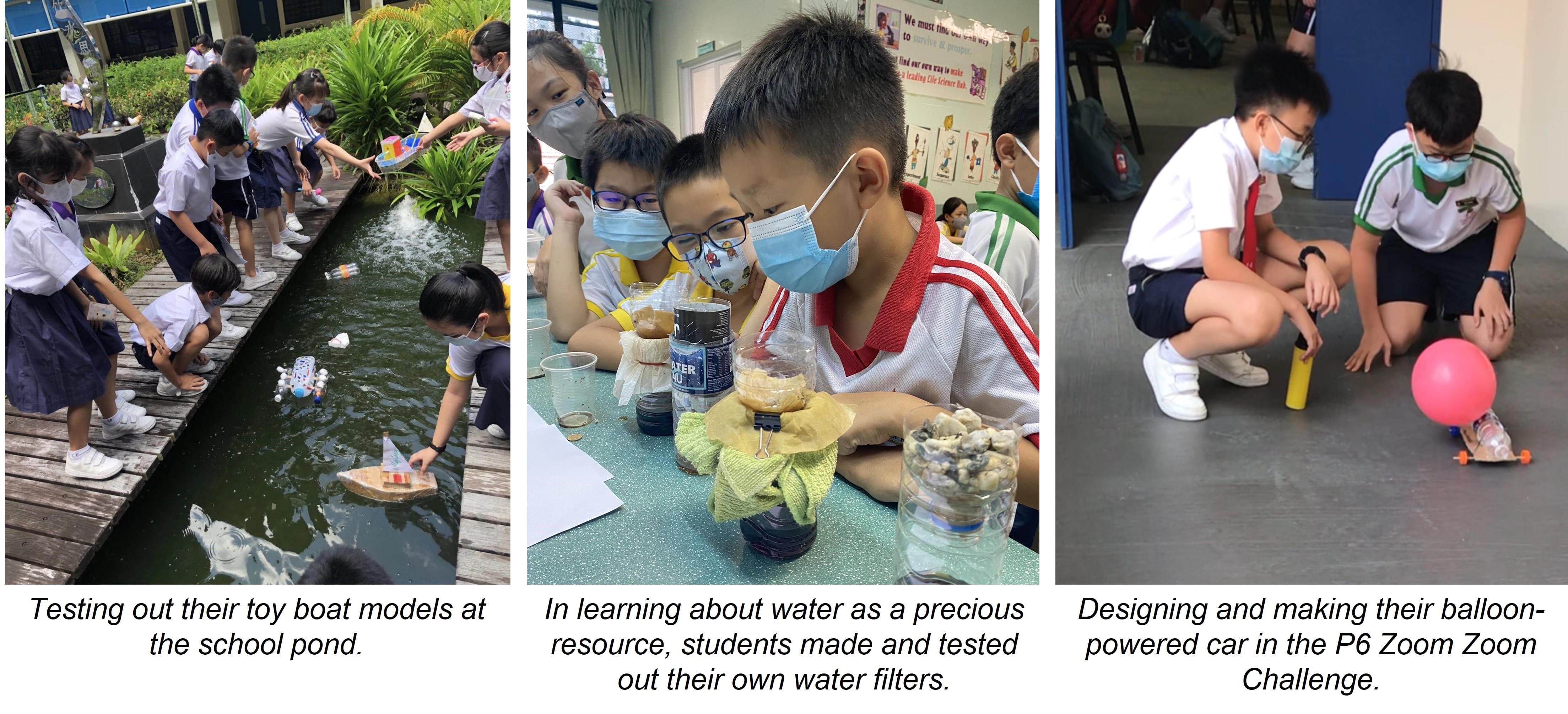 Students test toy boats at a pond, build water filters, and design balloon-powered cars in school science activities.