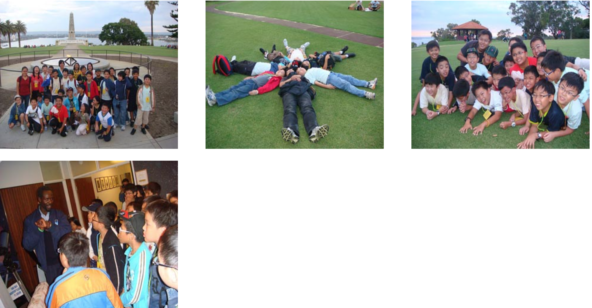 Four photos of a student group trip: posing at a monument, lying on grass, smiling outdoors, and listening to a guide indoors.