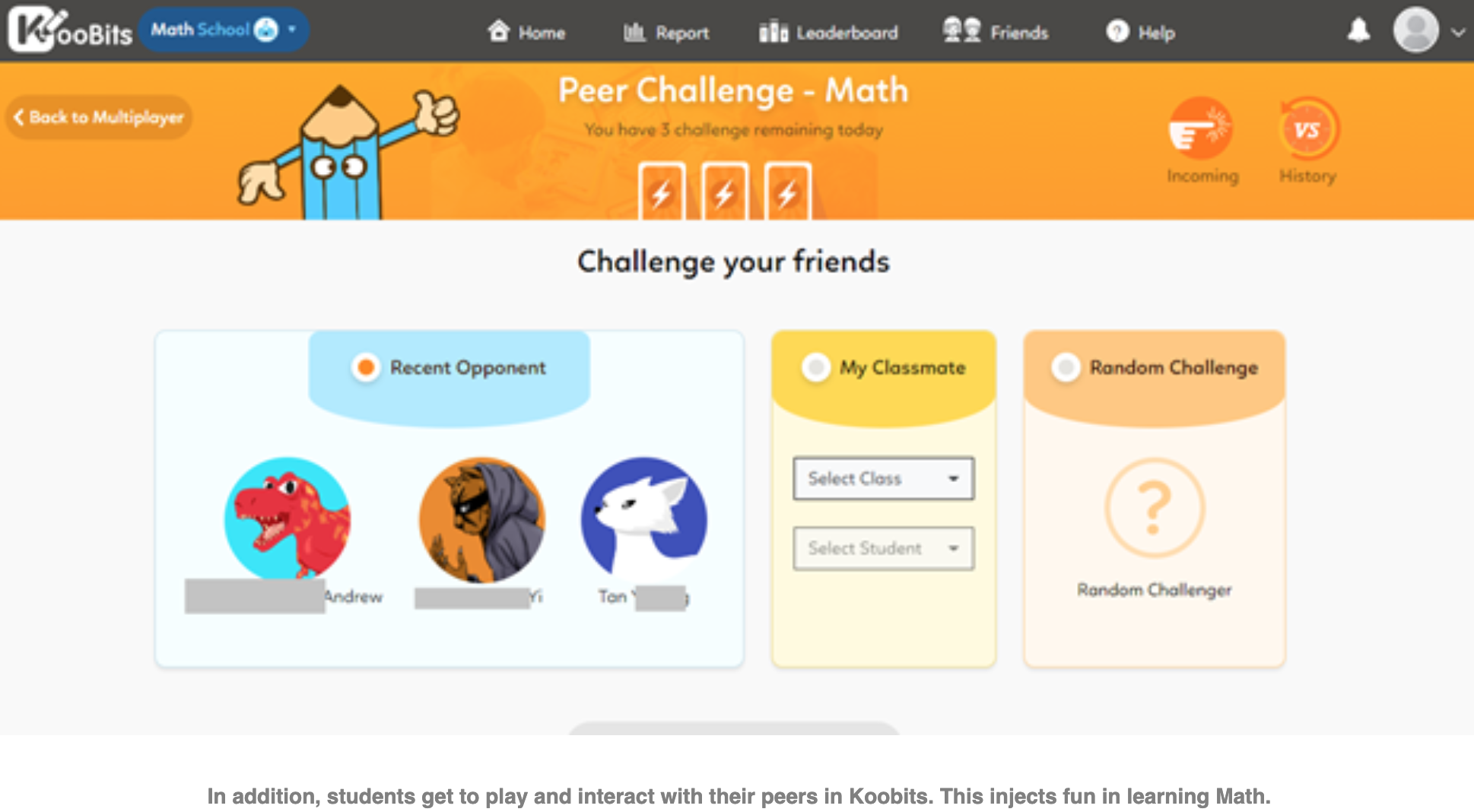 KooBits Math School Peer Challenge page showing options to challenge recent opponents, classmates, or a random challenger.
