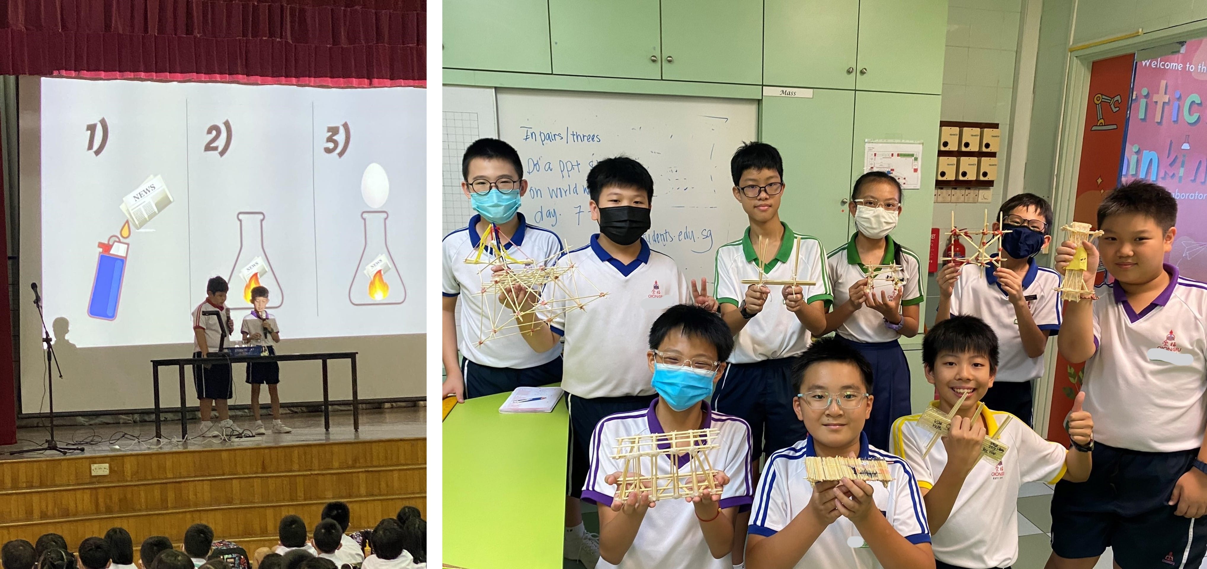 Students present a science slide on stage left, while masked students hold wooden stick structures in a classroom on right.