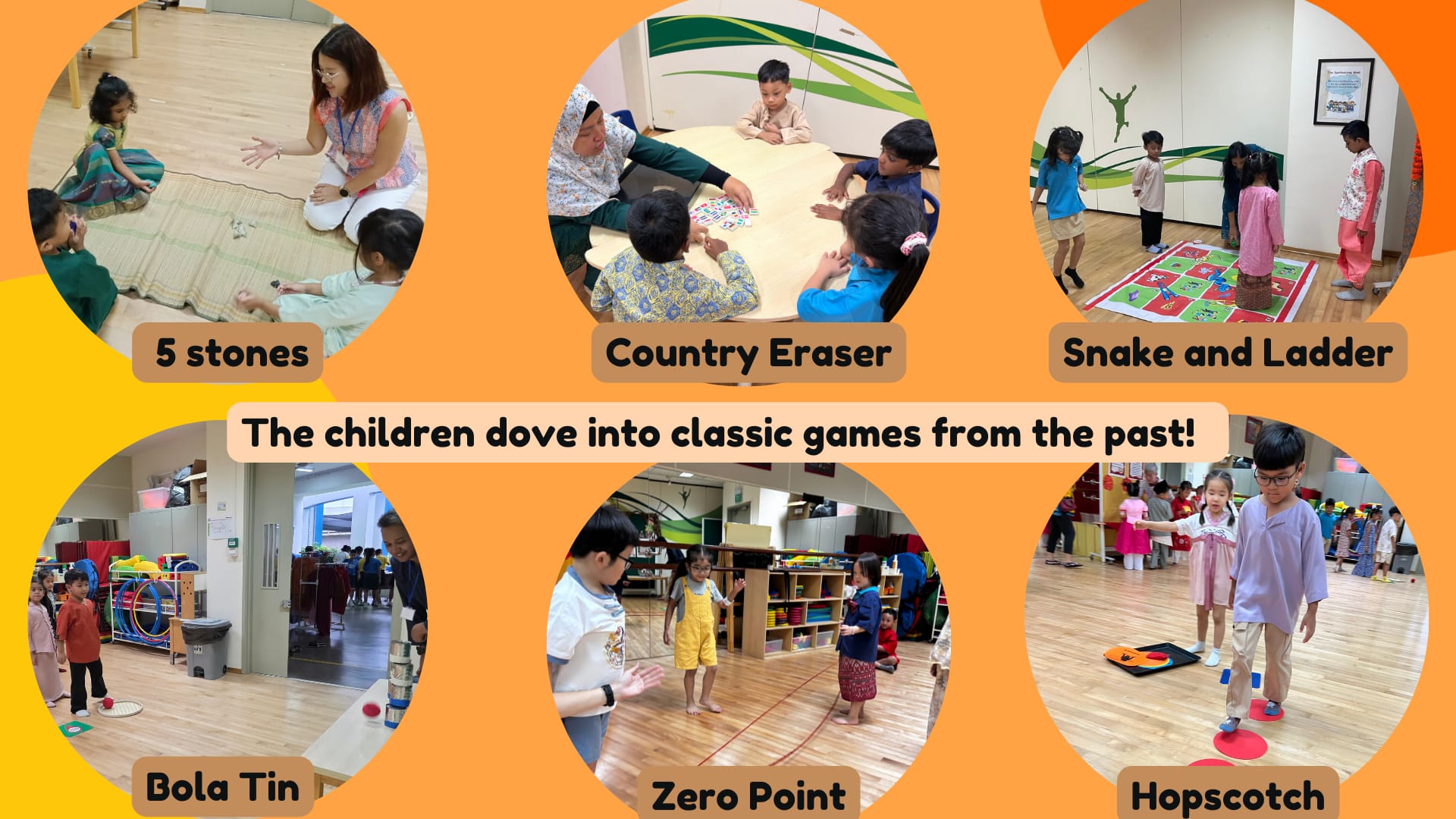Six photos of children playing classic games: 5 stones, Country Eraser, Snake and Ladder, Bola Tin, Zero Point, and Hopscotch.