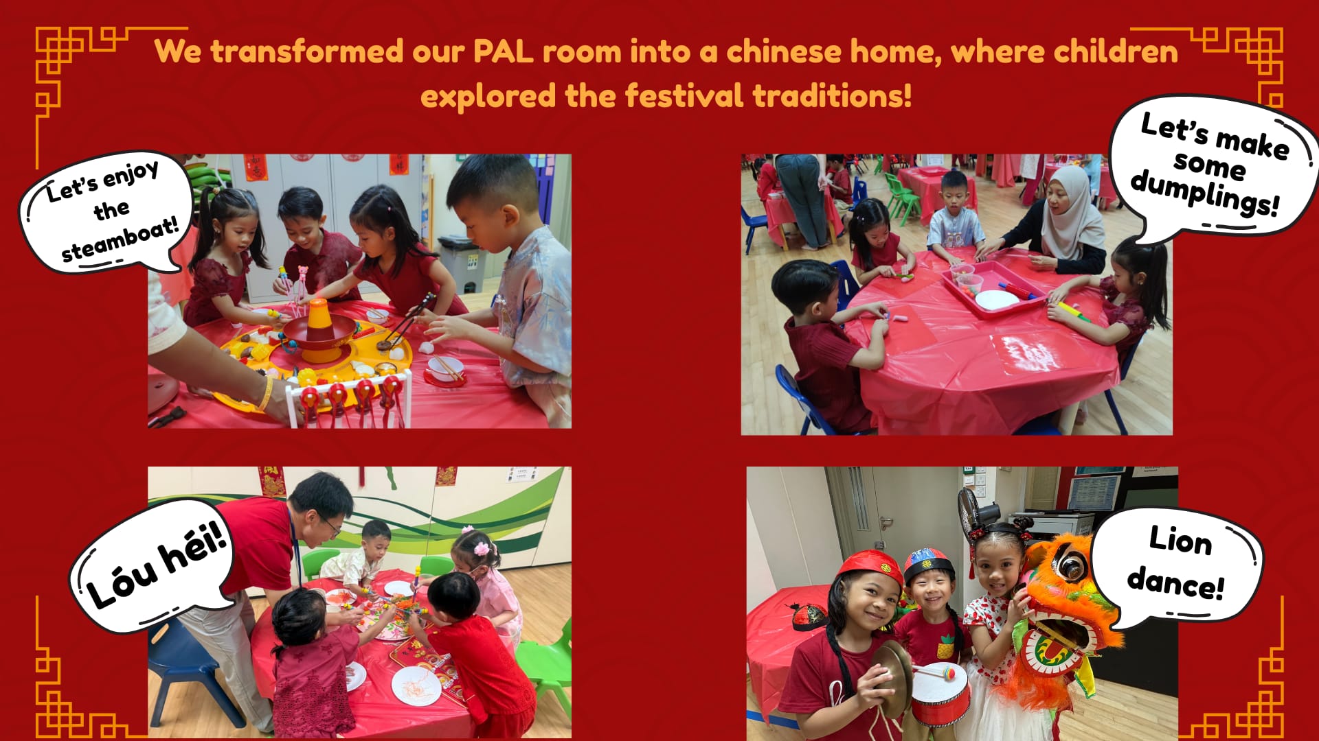 Children celebrating Chinese New Year traditions: steamboat, dumpling-making, lou hei, and lion dance activities.