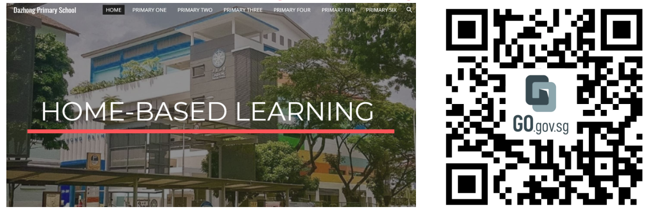 Dazhong Primary School website showing Home-Based Learning banner beside a GO.gov.sg QR code.
