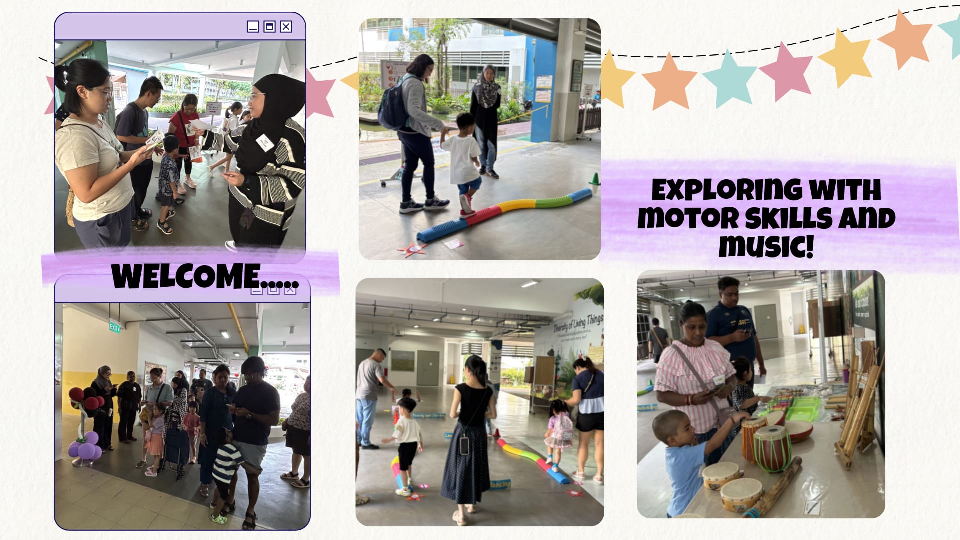 Collage of families with young children doing motor skills activities and exploring musical instruments at an event.