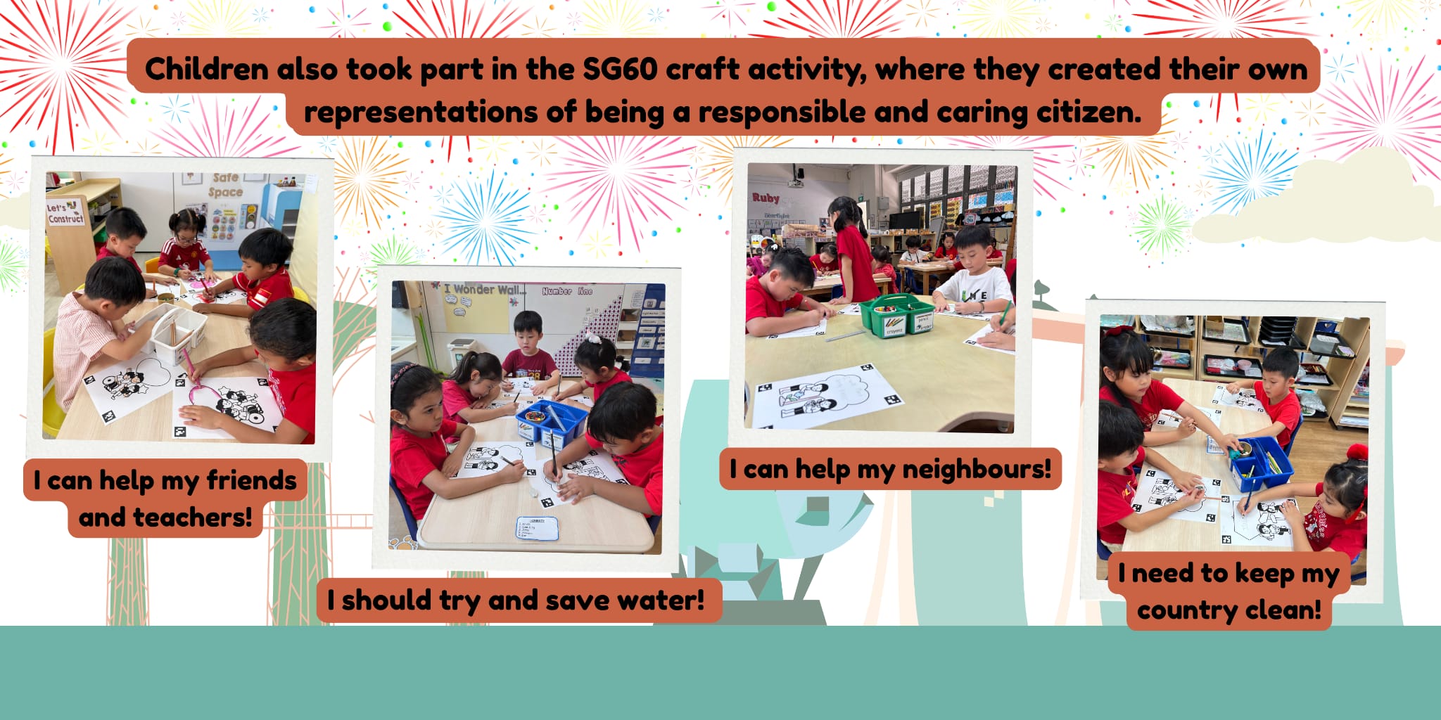 Young children in red shirts sit at tables coloring worksheets during an SG60 citizenship craft activity in a classroom.