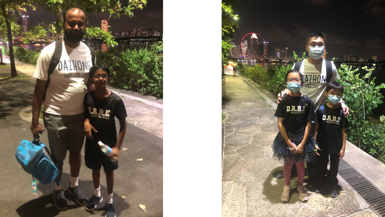 Two outdoor night photos: left shows a man with a child, right shows a masked man with two children near a lit city skyline.