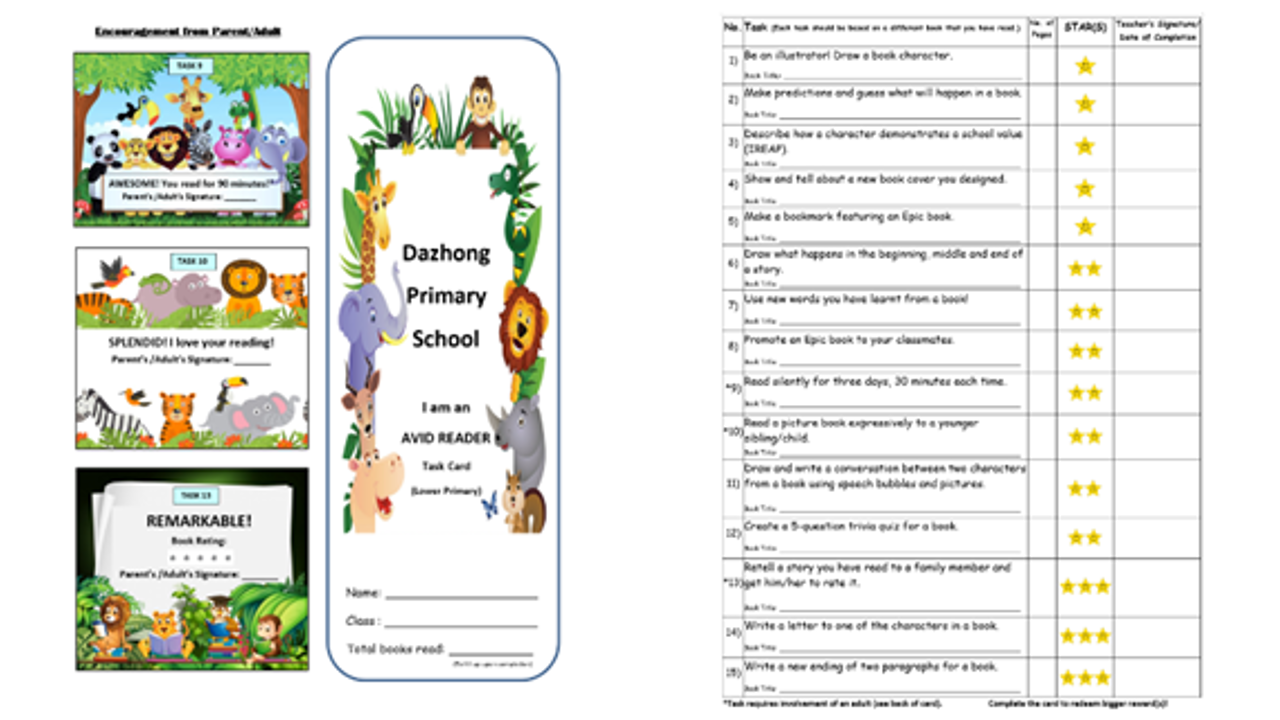 Dazhong Primary School Avid Reader task card with jungle animals, reading task list with stars, and parent encouragement cards.