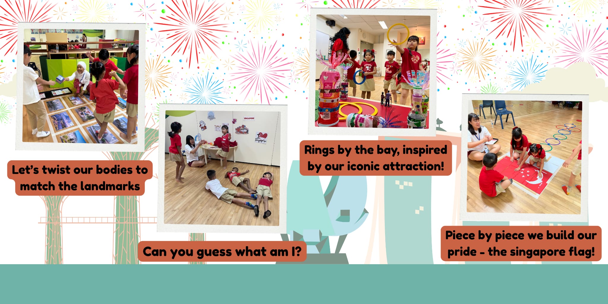 Children in red shirts do Singapore-themed activities: matching landmarks, posing, tossing rings, and assembling a flag puzzle.