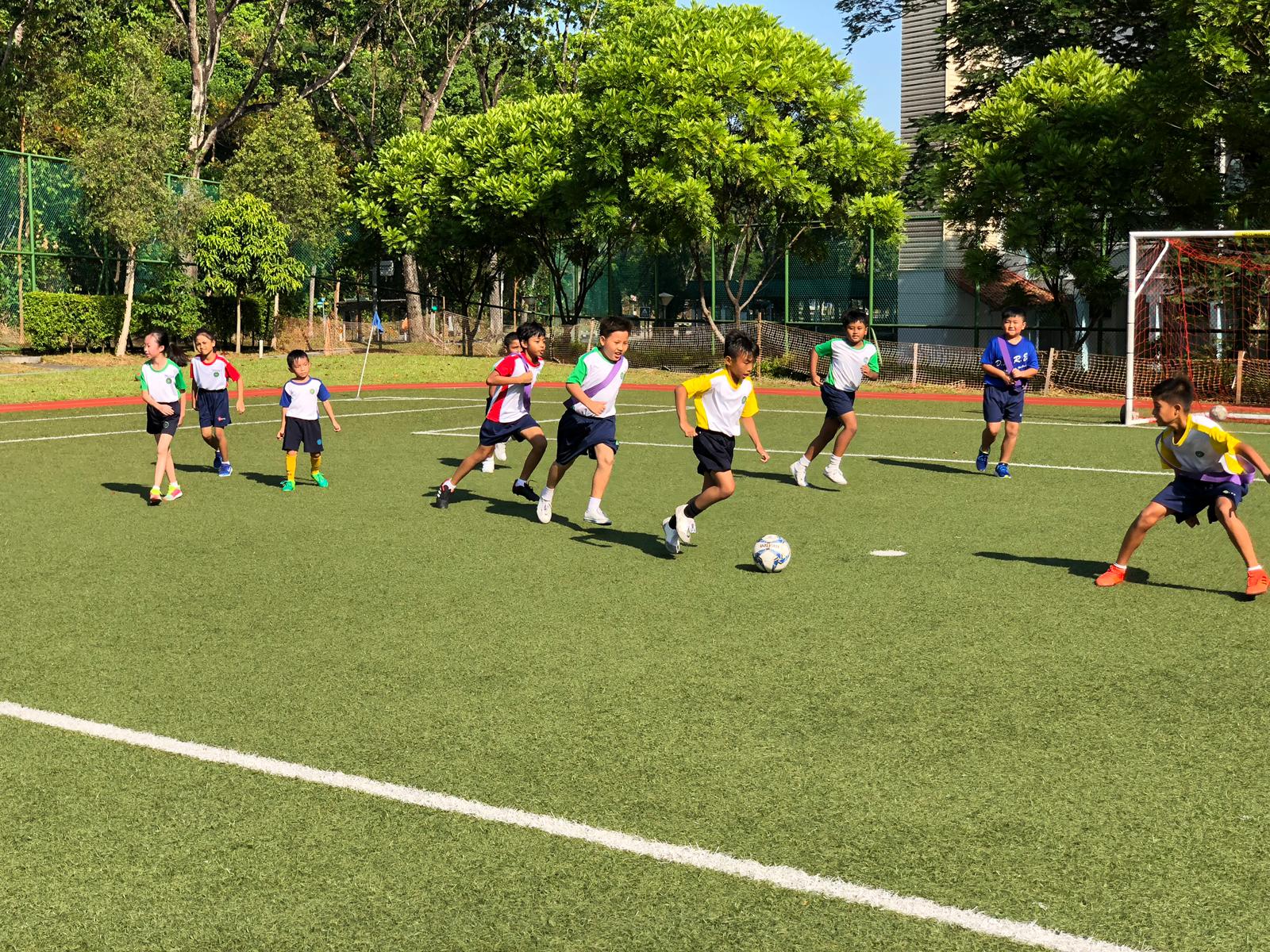 Children in colorful jerseys play soccer on a green artificial turf field with trees and a goal in the background.
