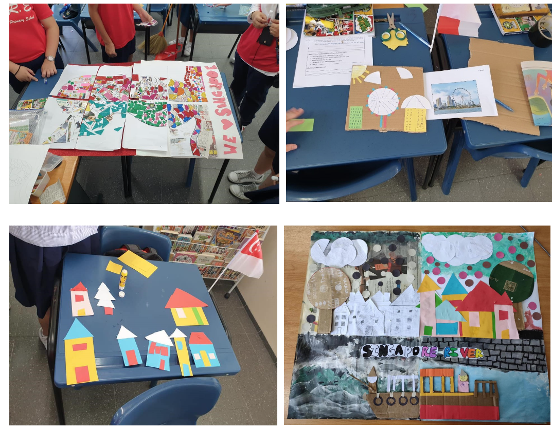 Four photos of students' colorful paper collage art projects about Singapore, including a Singapore River scene.
