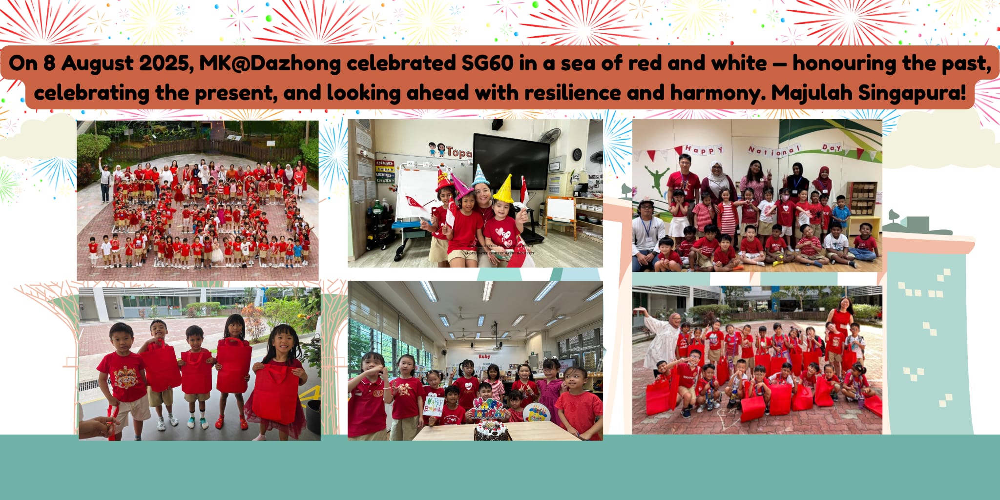 Children and teachers in red and white celebrate Singapore's SG60 National Day at MK@Dazhong school.