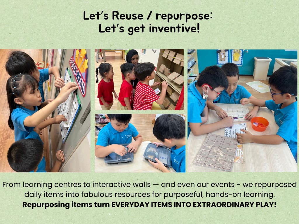 Children in blue uniforms engage in hands-on classroom activities using repurposed everyday items for learning.