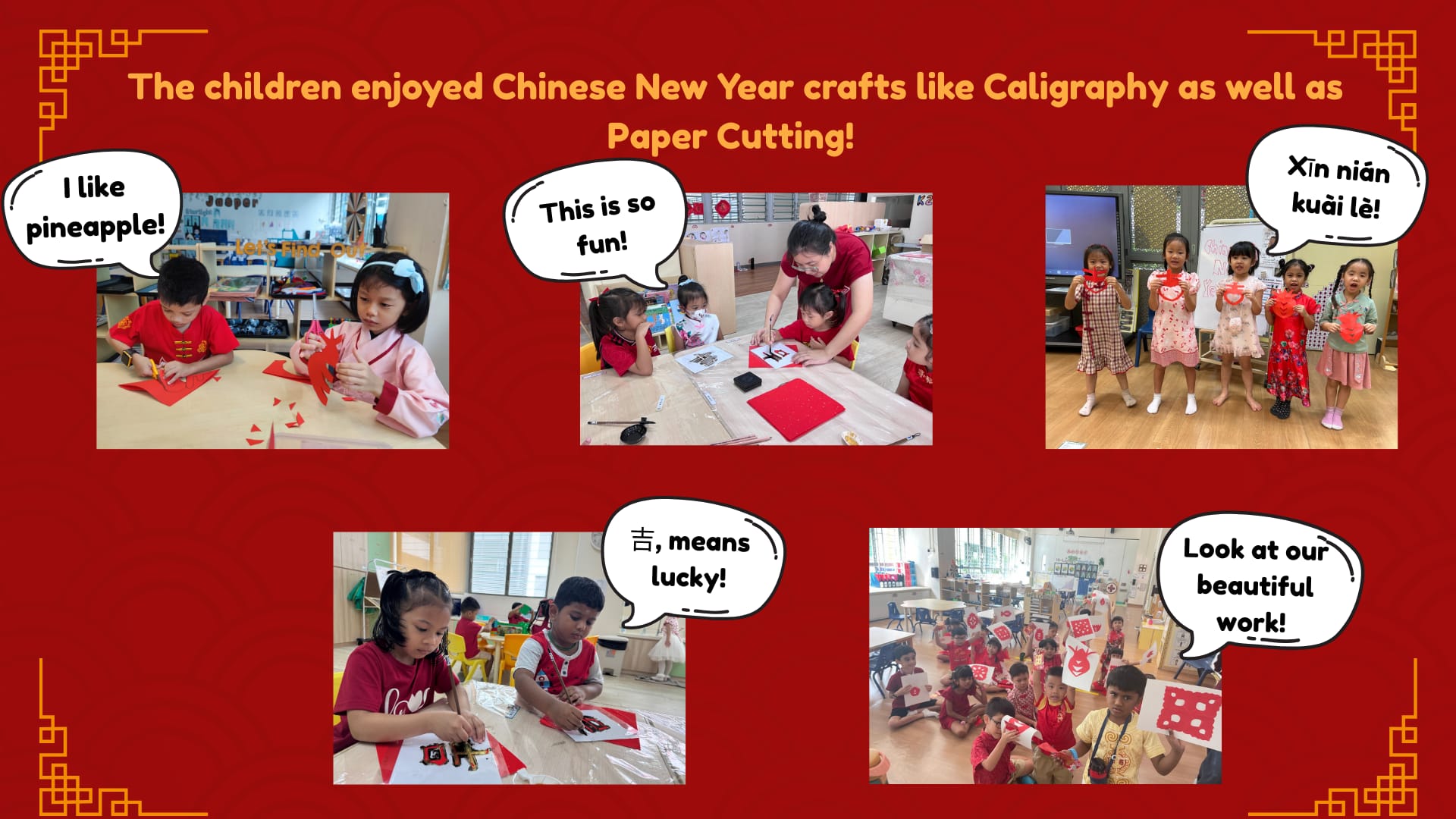 Children doing Chinese New Year crafts like paper cutting and calligraphy, displaying their red paper artwork.