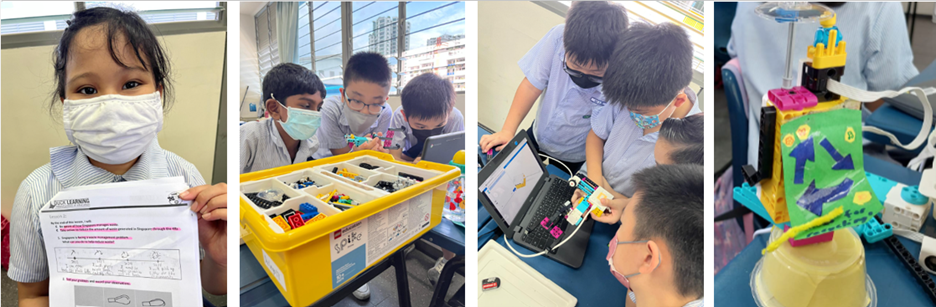Four panels show masked children doing LEGO robotics activities, including building, coding on a laptop, and a finished model.