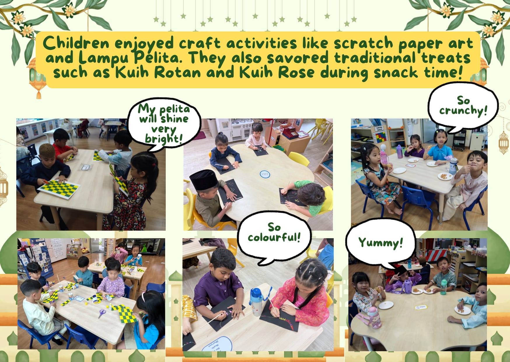 Young children in traditional attire doing scratch paper art crafts and eating snacks at classroom tables.