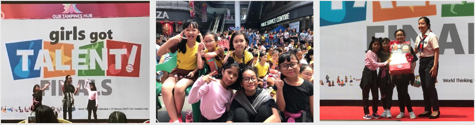 Three photos from Girls Got Talent Finals at Our Tampines Hub showing a stage, group of girls posing, and an award presentation.