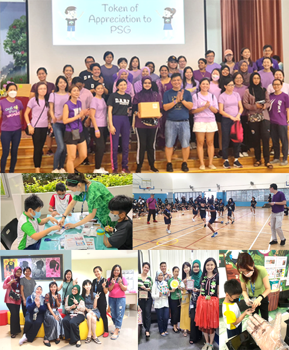 Group of people at a school event with a "Token of Appreciation to PSG" screen, plus activity photos.