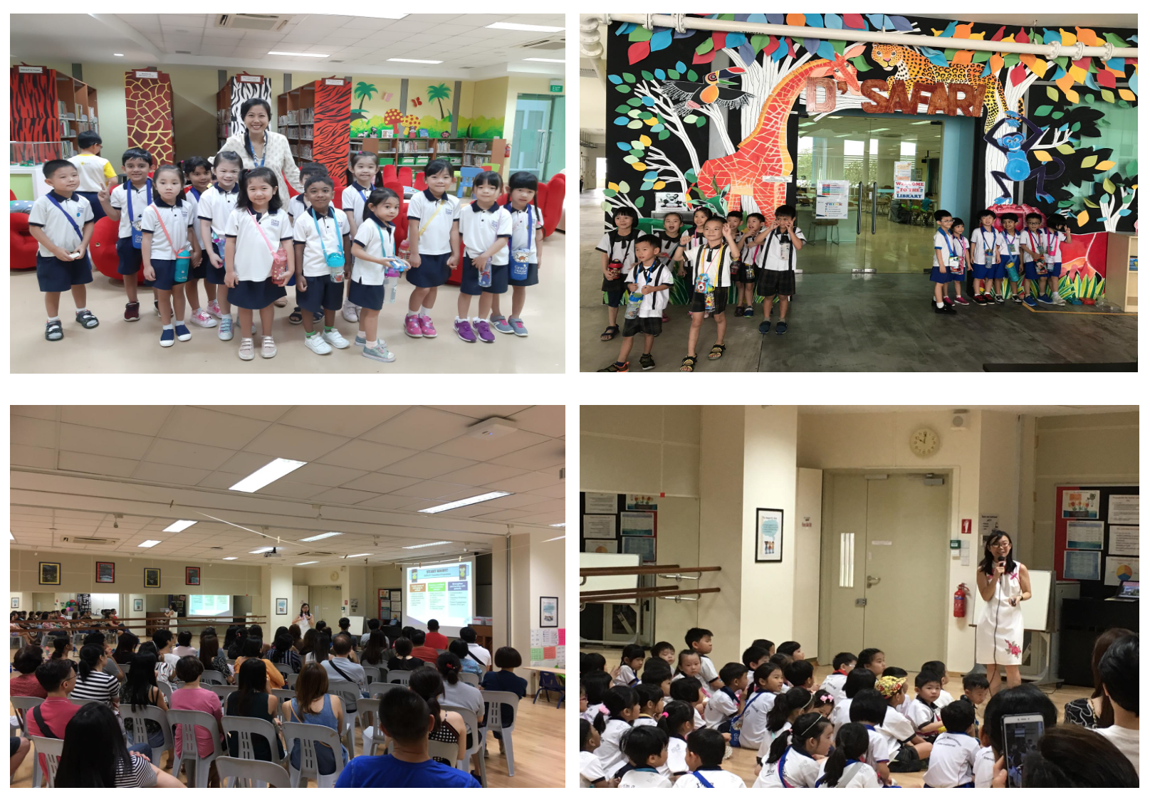 Four scenes of young students in uniform at a library with a safari mural, and indoor group presentations.