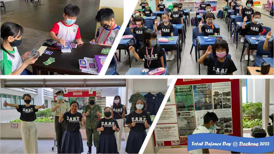 Students in D.A.R.E. shirts participate in Total Defence Day 2022 activities at Dazhong school, wearing masks.