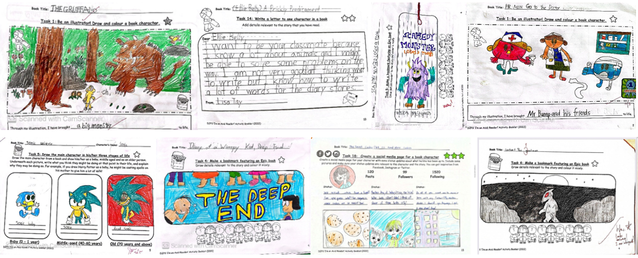 Collection of children's hand-drawn book activity worksheets featuring colorful illustrations and handwritten text.