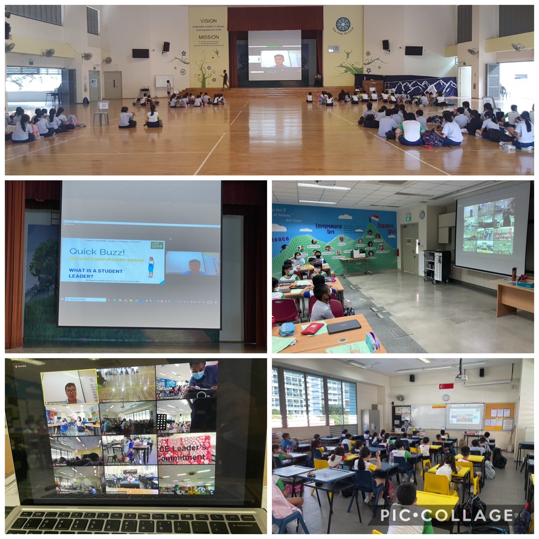 Five photos of school students in halls and classrooms watching projected presentations on student leadership.