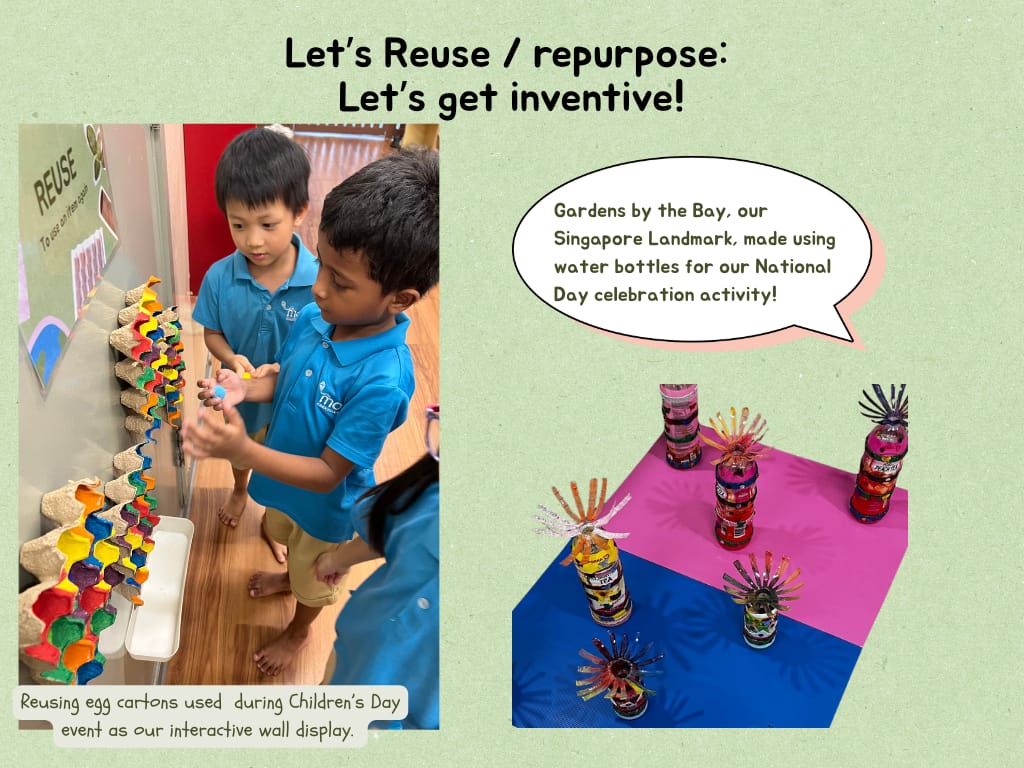 Two children reuse egg cartons for a wall display, alongside colorful water bottle towers resembling Gardens by the Bay.