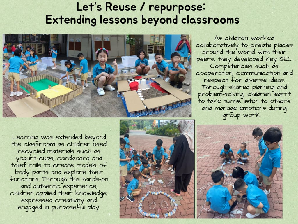 Young children in blue uniforms build structures outdoors using recycled cardboard, yogurt cups, and toilet rolls.