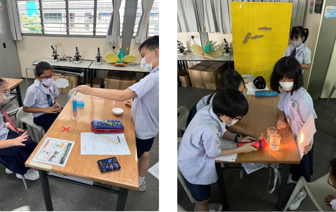 Students in masks conduct science experiments, one with colored liquids and another with a lit flame and water glass.