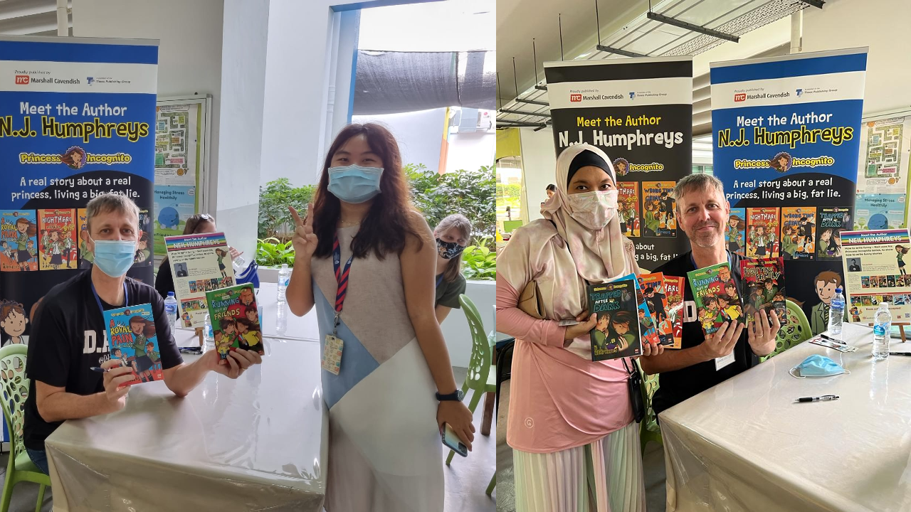 People wearing masks pose with books at a Meet the Author N.J. Humphreys signing event.