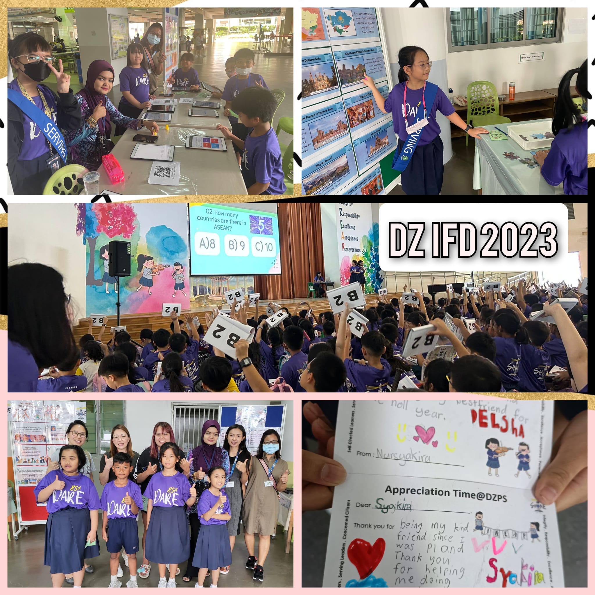 Collage of DZ IFD 2023 school event with students in purple shirts doing activities, a quiz, and writing appreciation notes.