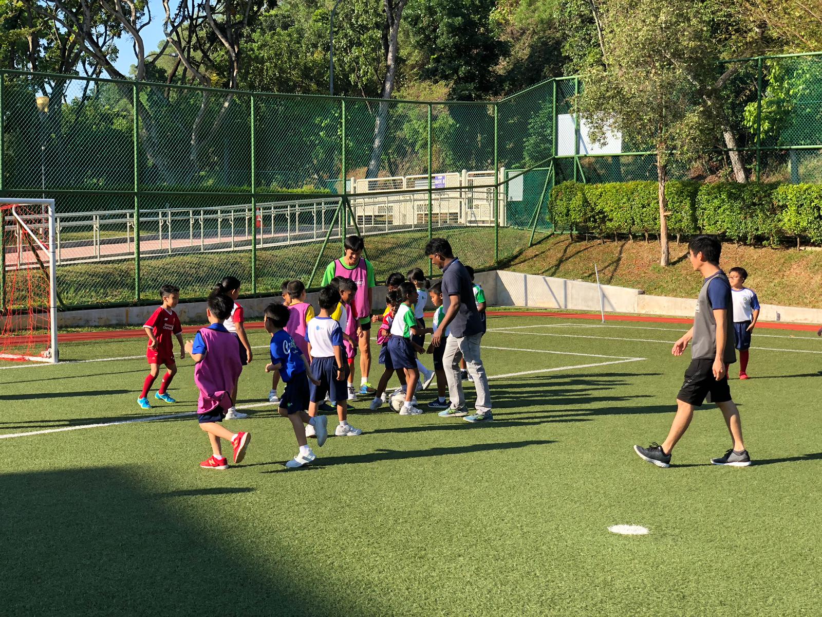 Children in colorful jerseys play soccer on a green artificial turf field with a goal and green fence behind them.