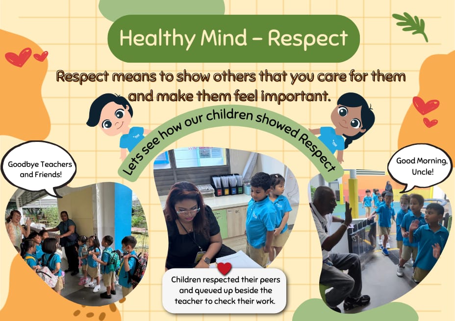 Colorful poster titled Healthy Mind Respect showing young children in blue uniforms greeting teachers and queuing politely.