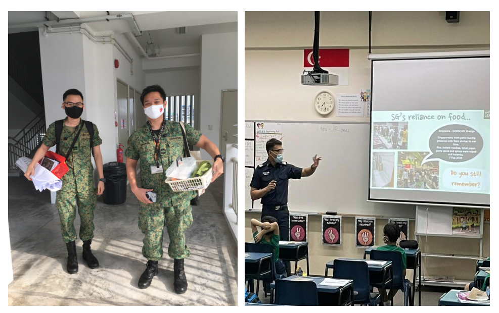 Two masked soldiers stand in a building; separately, a uniformed officer presents a food reliance slideshow to a classroom.