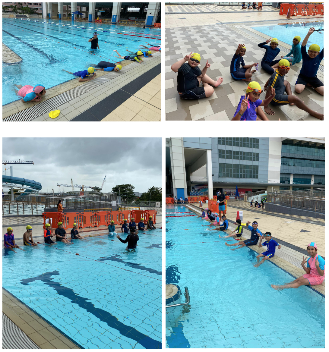 Children wearing yellow swim caps participate in an outdoor swimming lesson at a public pool, posing and practicing with an instructor.
